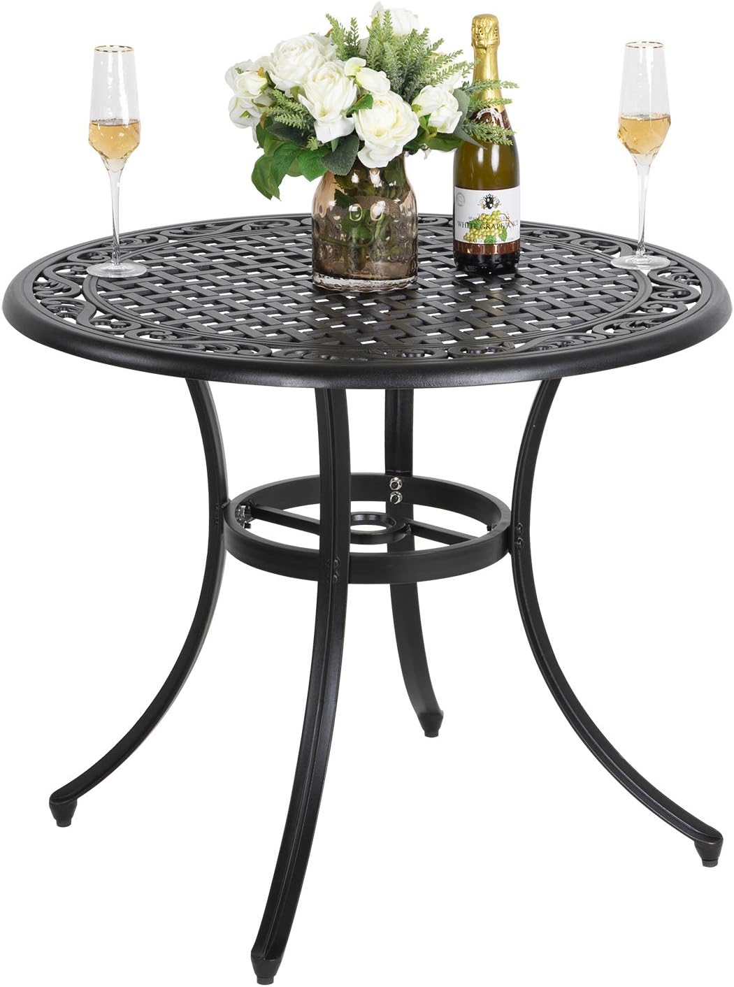Black Round Cast Aluminum Patio Table with Umbrella Hole O183
