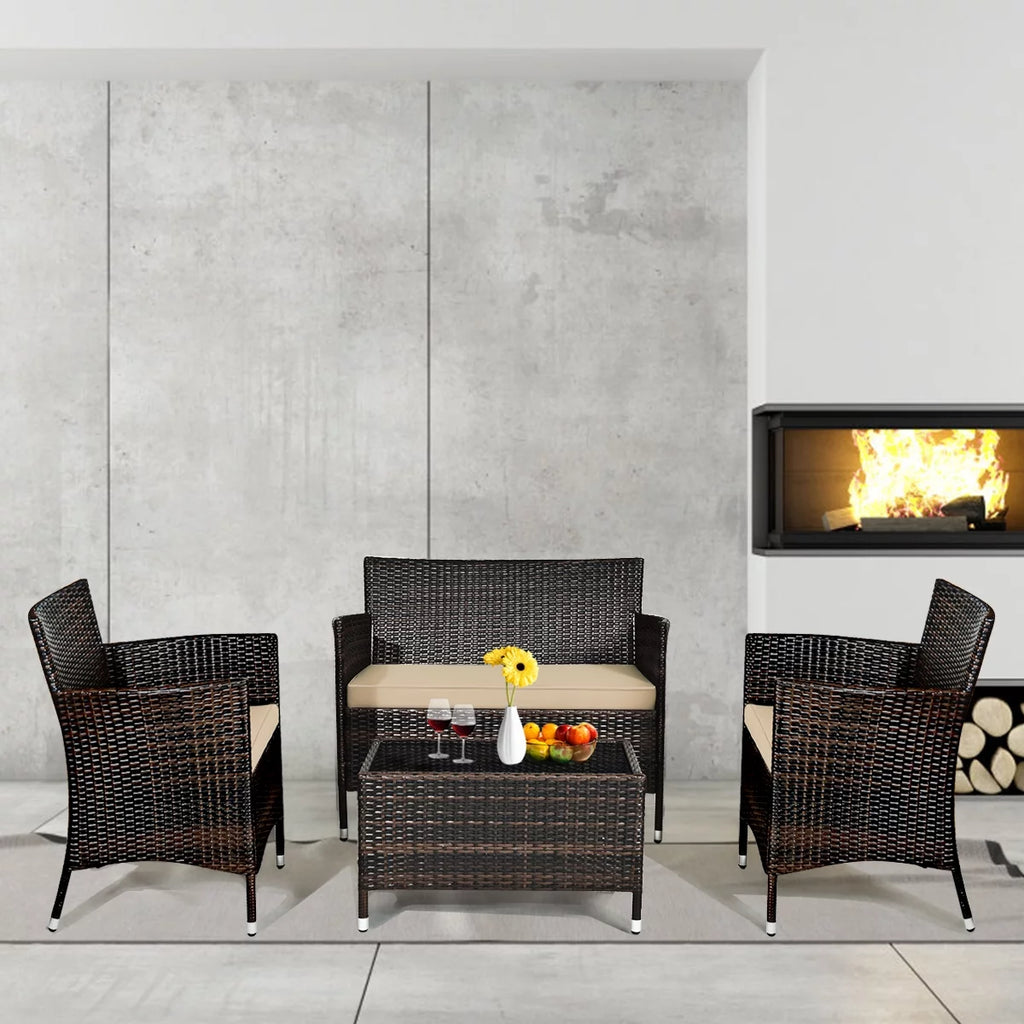 4 Pc Patio Rattan Conversation Furniture Set with Gray Cushion T537