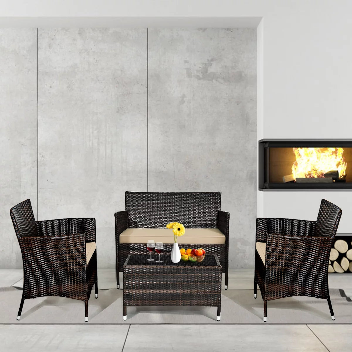 4 Pc Patio Rattan Conversation Furniture Set with Gray Cushion T537