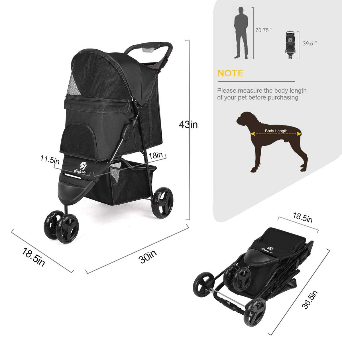 3 Wheels Foldable Pet Stroller with Brake, Canopy, Cup Holders and Storage W7048